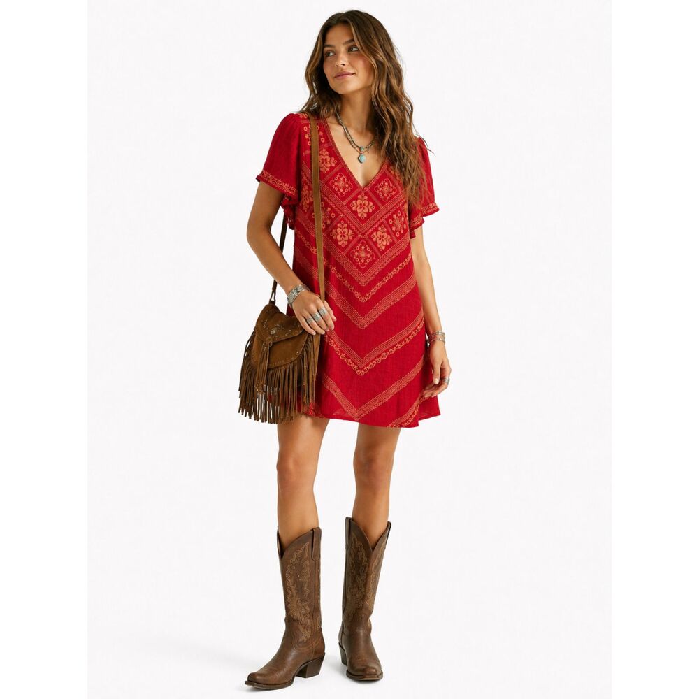 Savanna Jane Red Embroidered Boho Tunic Dress Floral Stitching V-Neck Medium